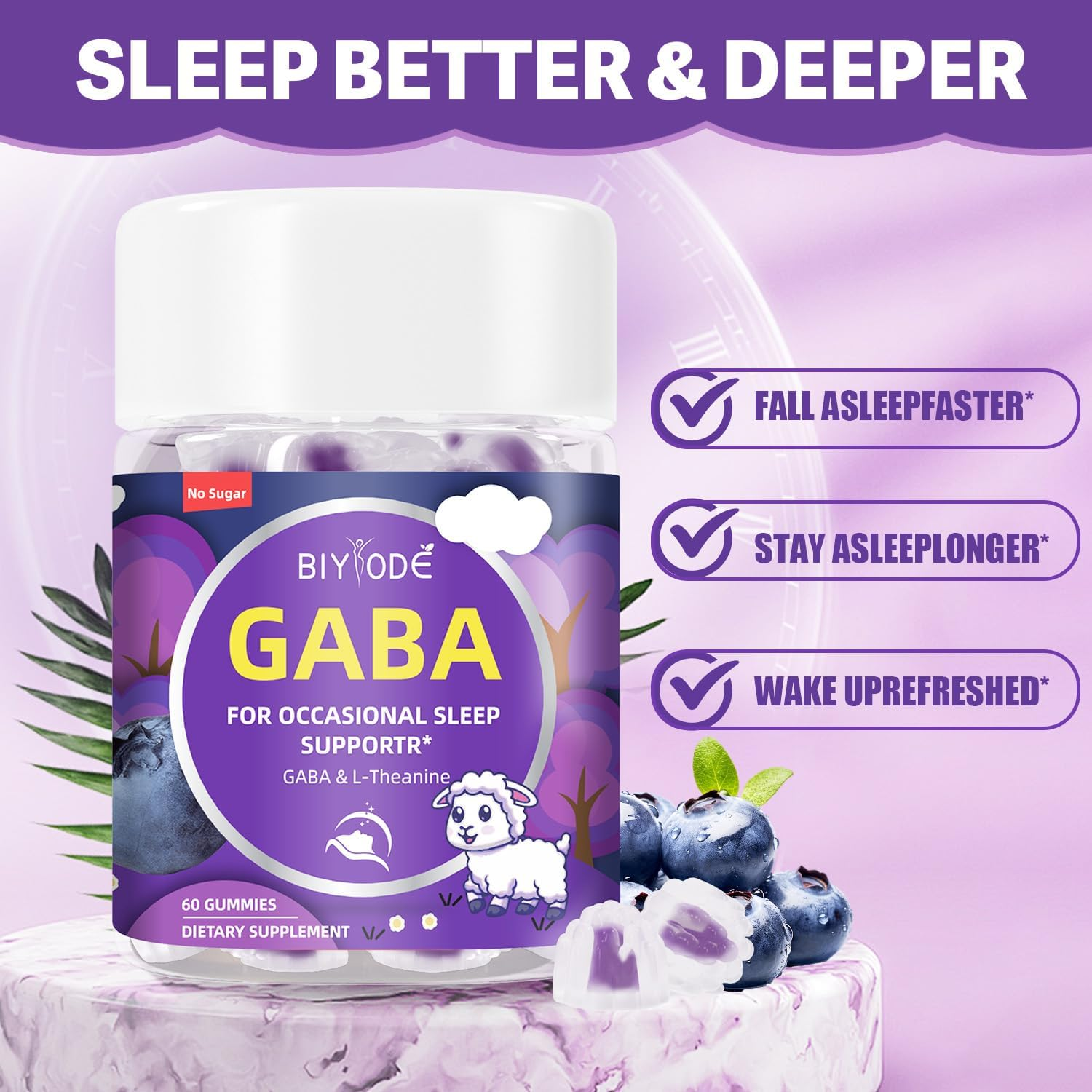 BIYODE Adult Sleep Gummies, Blueberry Flavor, 60 Gummies