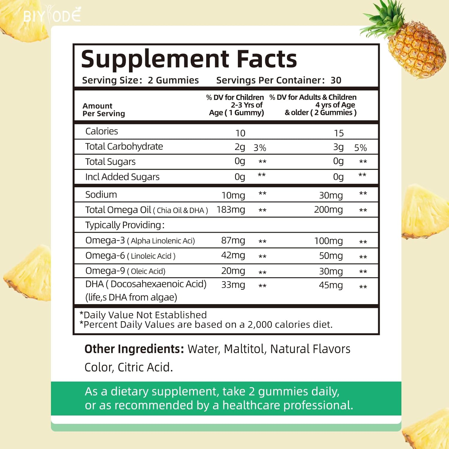 BIYODE Pineapple Flavor Omega 3 + DHA Gummies