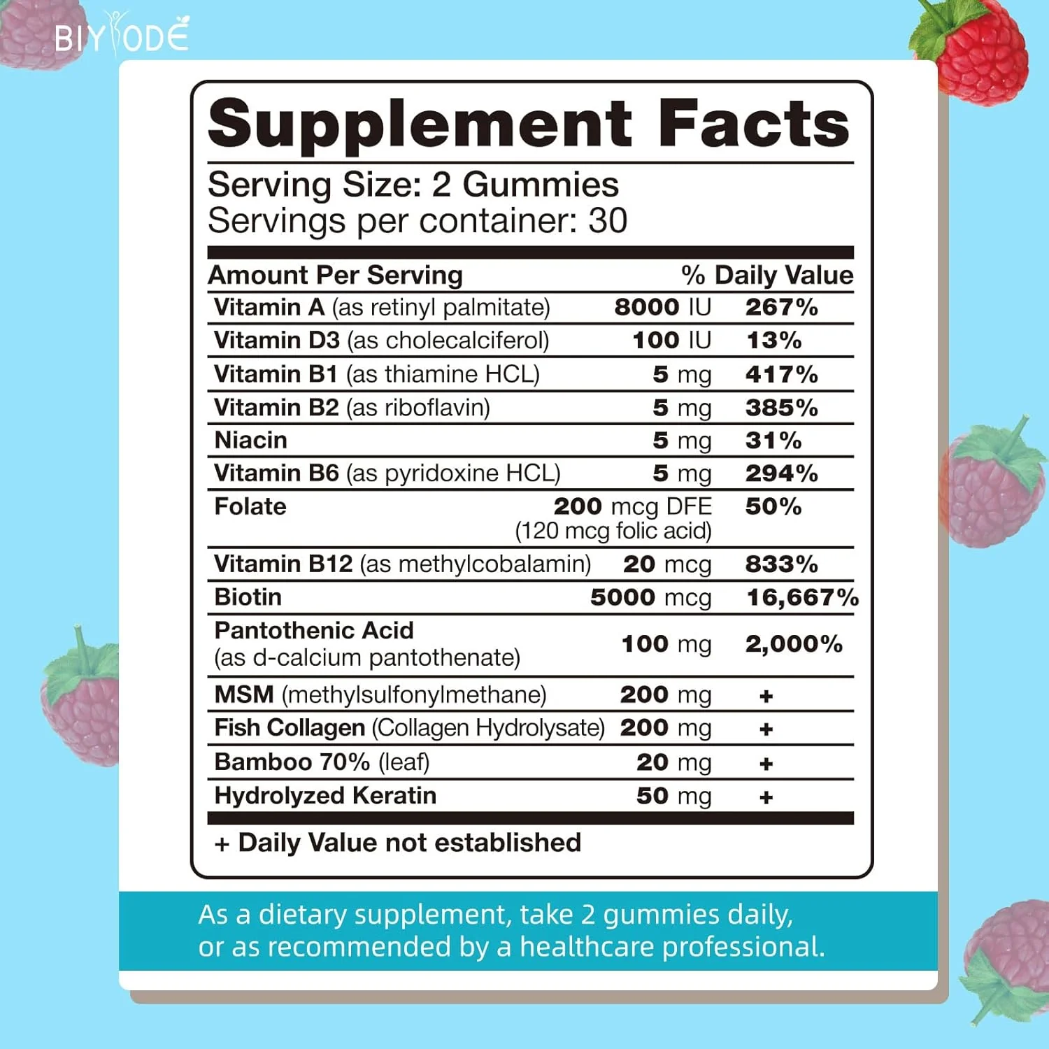 BIYODE Sugar-Free Biotin Gummies, 60 Gummies