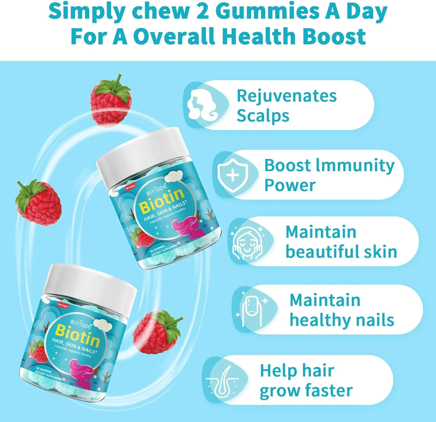BIYODE Sugar-Free Biotin Gummies, 60 Gummies