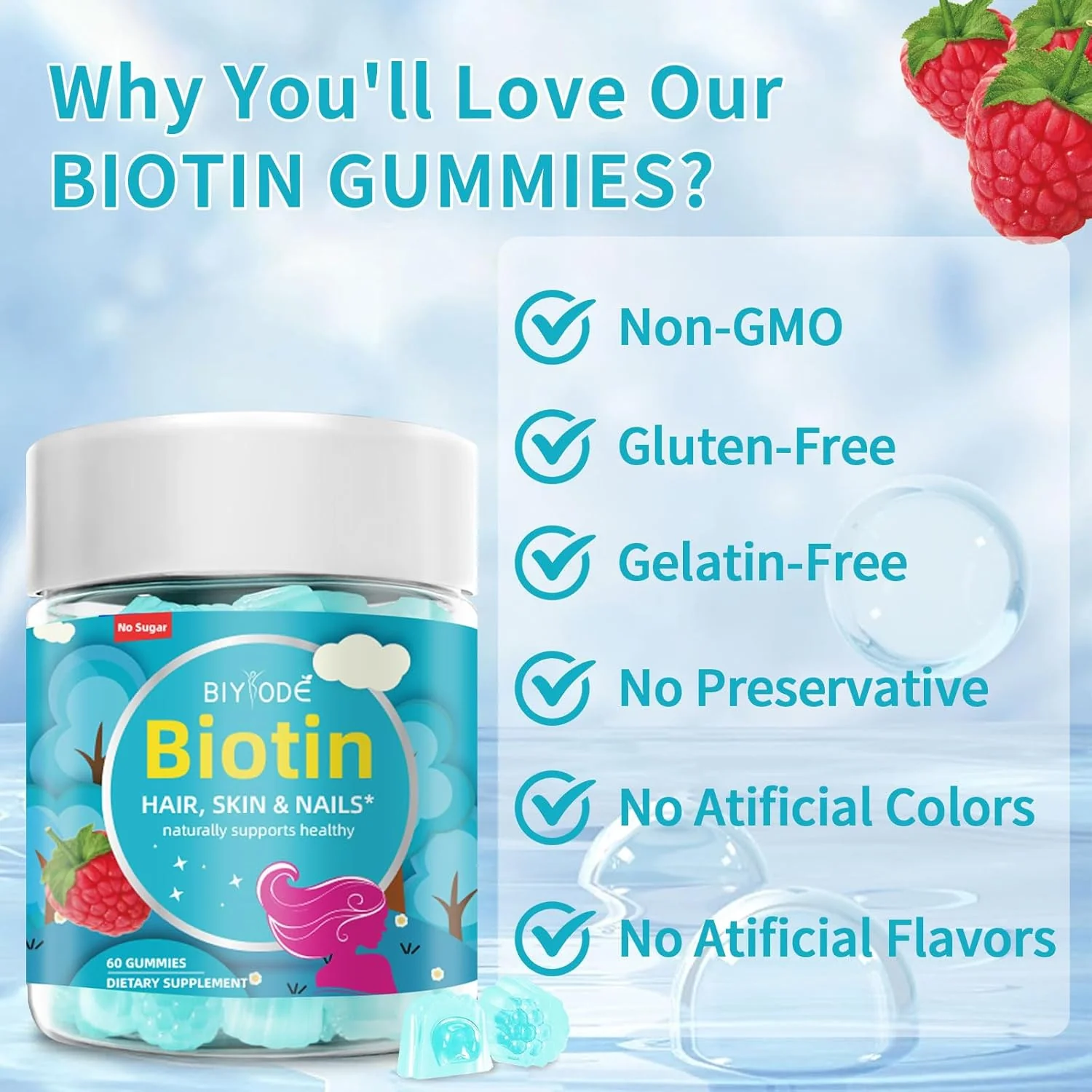BIYODE Sugar-Free Biotin Gummies, 60 Gummies