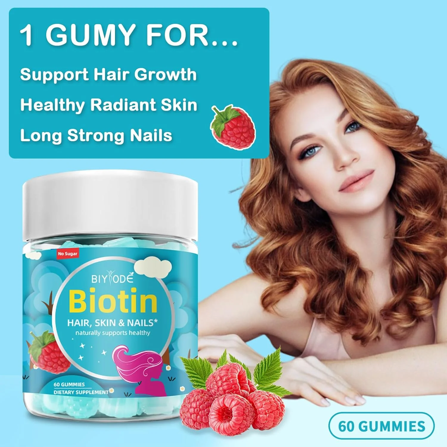 BIYODE Sugar-Free Biotin Gummies, 60 Gummies