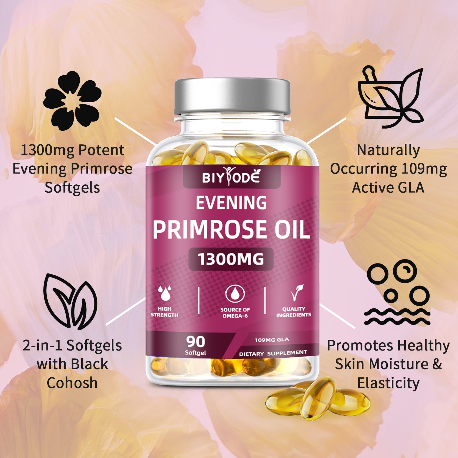 BIYODE Evening Primrose Oil 1300mg (90 Softgels)