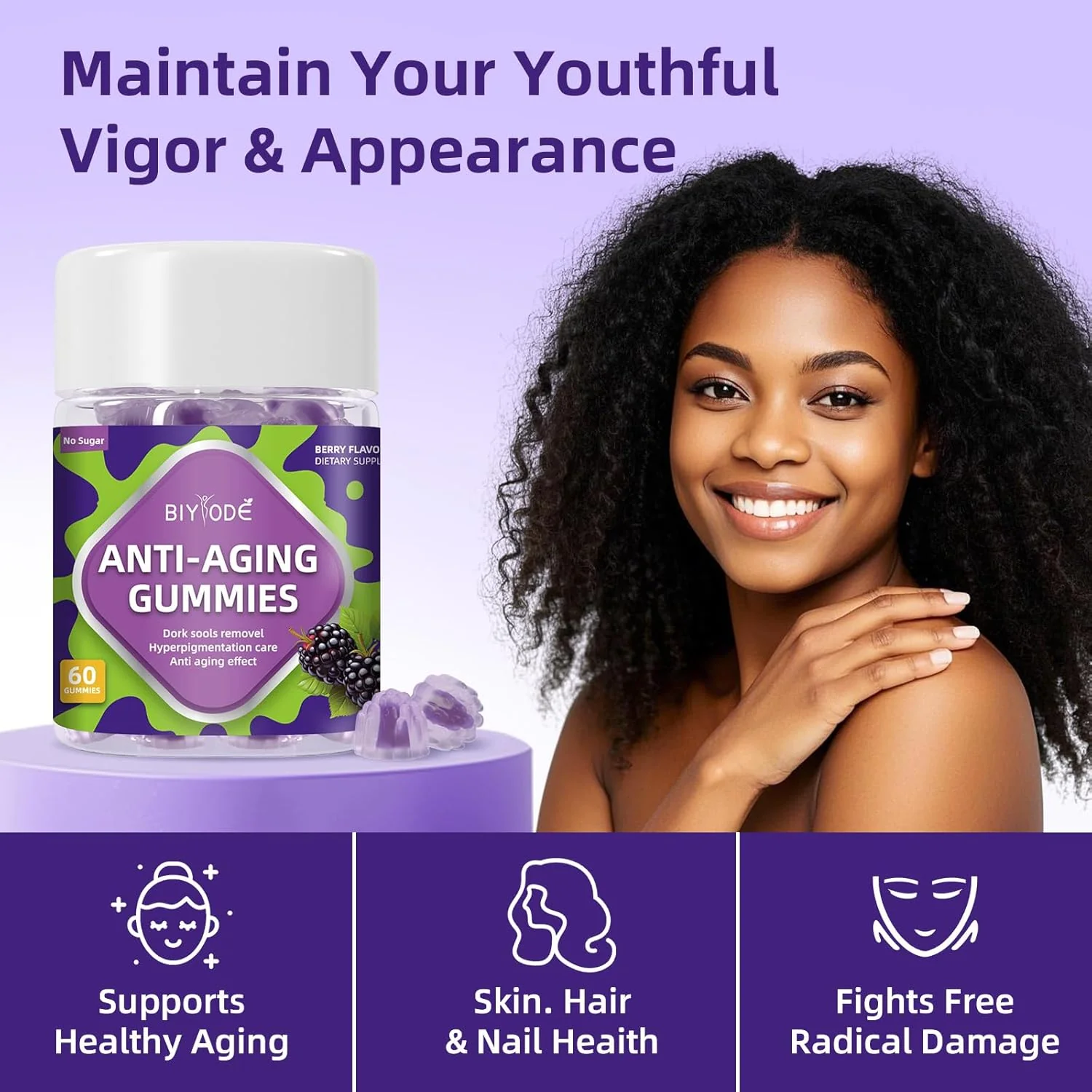 BIYODE Sugar-Free Anti-Aging Gummies, 60 Gummies